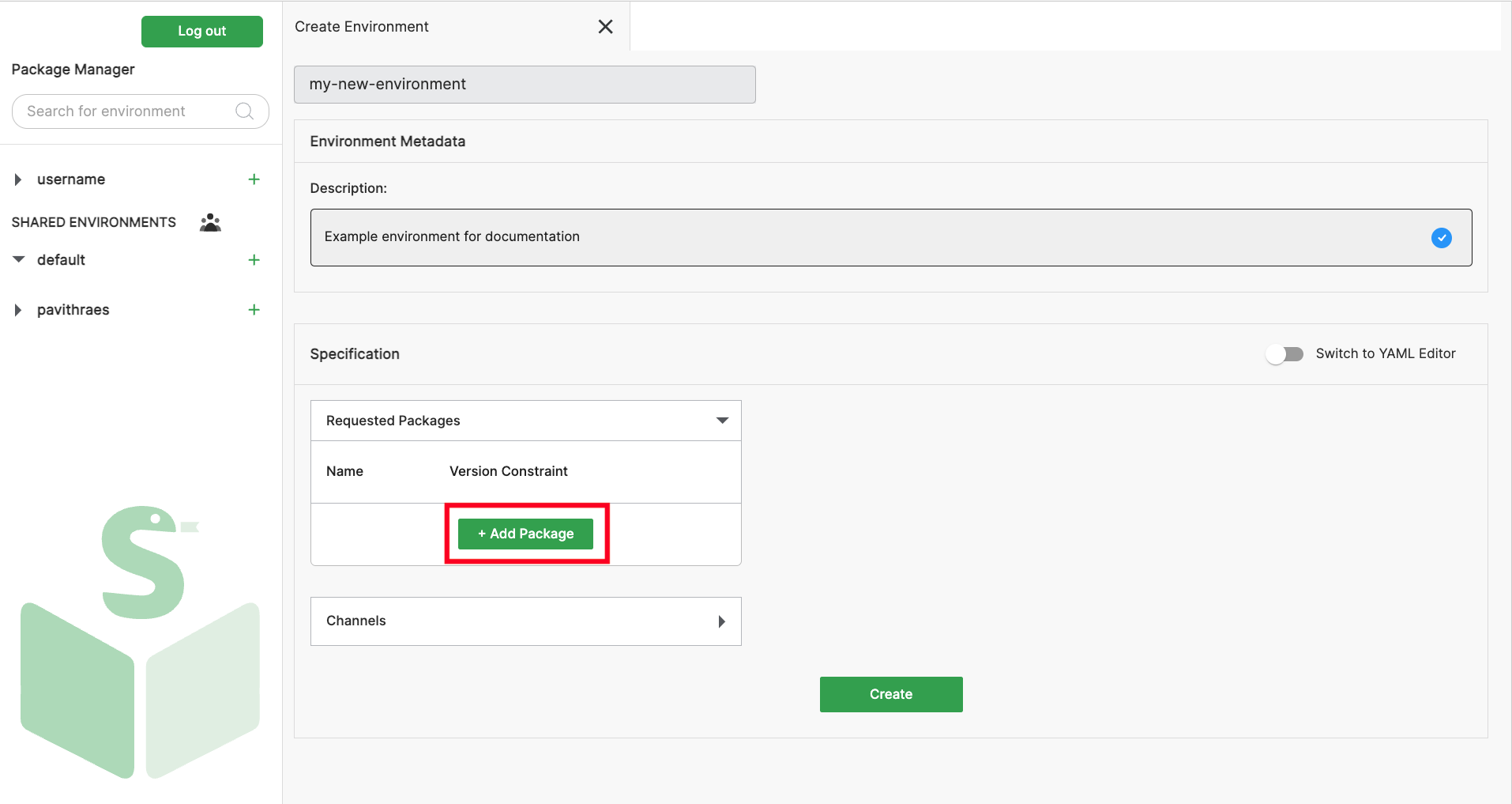 "add package" button highlighted